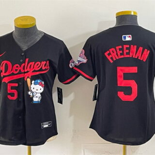 Women's Los Angeles Dodgers #5 Freddie Freeman Black Hello Kitty Night 2025 World Series Champions Patch Stitched Baseball Jersey(Run Small)