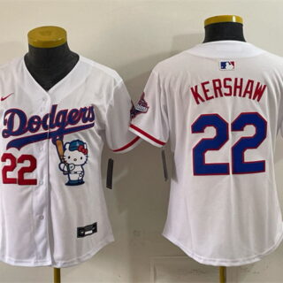 Women's Los Angeles Dodgers #22 Clayton Kershaw White Hello Kitty Night 2025 World Series Champions Patch Stitched Baseball Jersey(Run Small)