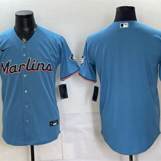 Men's Miami Marlins Blank Blue Cool Base Stitched Baseball Jersey