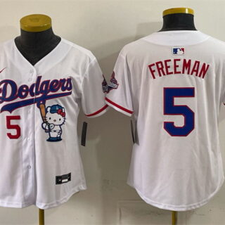 Youth Los Angeles Dodgers #5 Freddie Freeman White Hello Kitty Night 2025 World Series Champions Patch Stitched Baseball Jersey