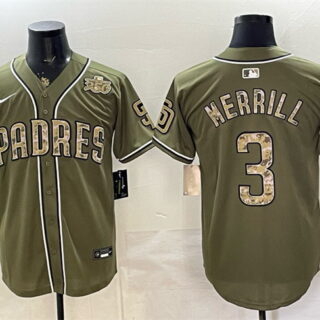 Men's San Diego Padres #3 Jackson Merrill Olive 2026 Armed Forces Day Stitched Baseball Jersey