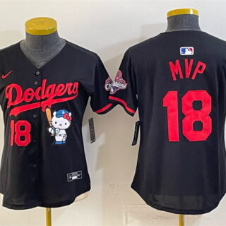 Women's Los Angeles Dodgers #18 MVP Black Hello Kitty Night 2025 World Series Champions Patch Stitched Baseball Jersey(Run Small)
