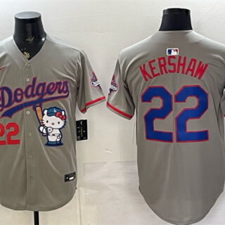 Men's Los Angeles Dodgers #22 Clayton Kershaw Grey Hello Kitty Night 2025 World Series Champions Patch Stitched Baseball Jersey
