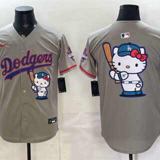 Men's Los Angeles Dodgers Team Big Logo Grey Hello Kitty Night 2025 World Series Champions Patch Stitched Baseball Jersey