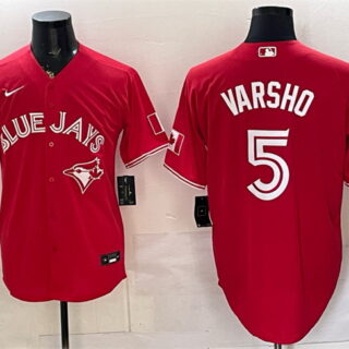 Men's Toronto Blue Jays #5 Daulton Varsho Red 50 Seasons Patch Stitched Baseball Jersey