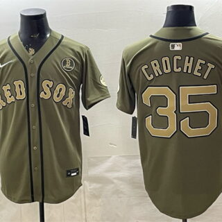 Men's Boston Red Sox #35 Garrett Crochet Olive Armed Forces Day Cool Base Stitched Baseball Jersey