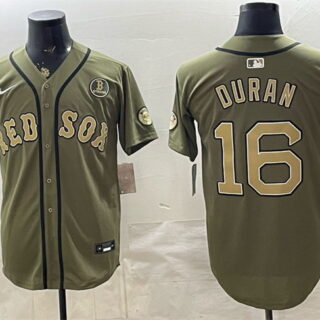 Men's Boston Red Sox #16 Jarren Duran Olive Armed Forces Day Cool Base Stitched Baseball Jersey