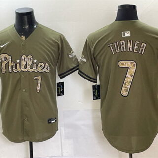 Men's Philadelphia Phillies #7 Trea Turner Olive 2026 Armed Forces Day Stitched Baseball Jersey