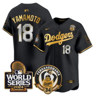 Men's Los Angeles Dodgers #18 Yoshinobu Yamamoto Black Gold Fernando Valenzuela & 2024 World Series Patch Limited Stitched Baseball Jersey