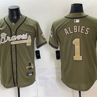 Men's Atlanta Braves #1 Ozzie Albies Olive 2026 Armed Forces Day Stitched Baseball Jersey