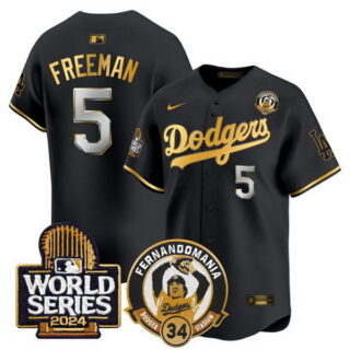 Men's Los Angeles Dodgers #5 Freddie Freeman Black Gold Fernando Valenzuela & 2024 World Series Patch Limited Stitched Baseball Jersey