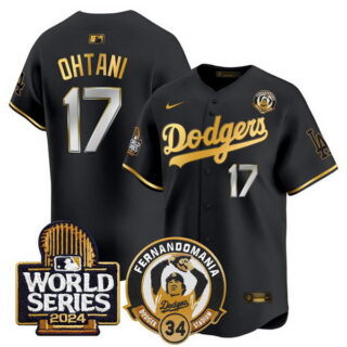 Men's Los Angeles Dodgers #17 Shohei Ohtani Black Gold Fernando Valenzuela & 2024 World Series Patch Limited Stitched Baseball Jersey