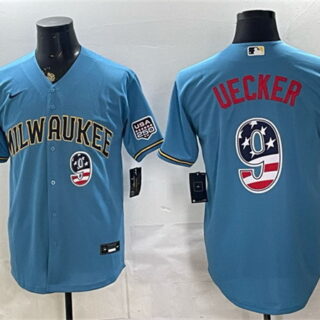 Men's Milwaukee Brewers #9 Bob Uecker Blue 2026 USA 250 Fourth of July Home Stadium Stitched Baseball Jersey