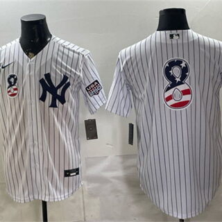 Men's New York Yankees #8 Yogi Berra White 2026 USA 250 Fourth of July Home Stadium Stitched Baseball Jersey