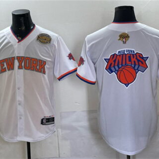 Men's New York Knicks Team Big Logo White 2026 Finals & Eastern Conference Champions Stitched Baseball Jersey