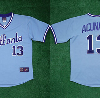 Men's Atlanta Braves #13 Ronald Acuna Jr 1982 Light Blue Cool Base Stitched Baseball Jersey