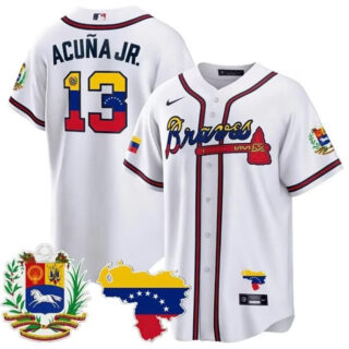 Men's Atlanta Braves #13 Ronald Acuna Jr. 2023 White With Patch Cool Base Stitched Jersey