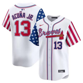 Men's Atlanta Braves #13 Ronald Acuna Jr. White 2024 Independence Day Vapor Limited Stitched Baseball Jersey