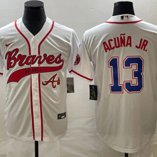 Men's Atlanta Braves #13 Ronald Acuna Jr. White Cool Base With Patch Stitched Baseball Jersey