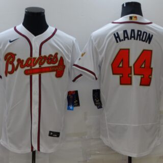 Men's Atlanta Braves #44 Hank Aaron 2022 White Gold World Series Champions Program Flex Base Stitched Baseball Jersey
