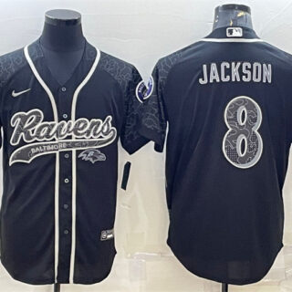 Men's Baltimore Ravens #8 Lamar Jackson Black Reflective With Patch Cool Base Stitched Baseball Jersey