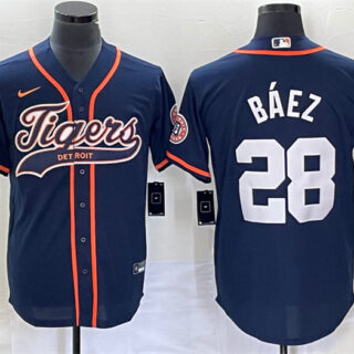 Men's Detroit Tigers #28 Javier Baez Navy Cool Base Stitched Baseball Jersey
