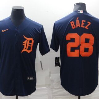 Men's Detroit Tigers #28 Javier Baez Navy Cool Base Stitched Jersey