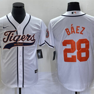 Men's Detroit Tigers #28 Javier Baez White Cool Base Stitched Baseball Jersey