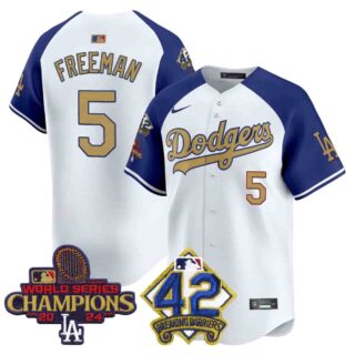 Men's Dodgers 2024 World Series Champions & Jackie Robinson Patch Vapor Premier Limited Jersey All Stitched Freddie Freeman #5