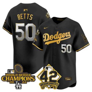 Men's Dodgers 2024 World Series Champions & Jackie Robinson Patch Vapor Premier Limited Jersey All Stitched Mookie Betts #50