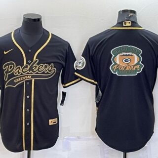 Men's Green Bay Packers Black Gold Team Big Logo With Patch Cool Base Stitched Baseball Jersey