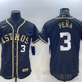 Men's Houston Astros #3 Jeremy Pena Black Gold 2022 World Series Flex Base Stitched Jersey