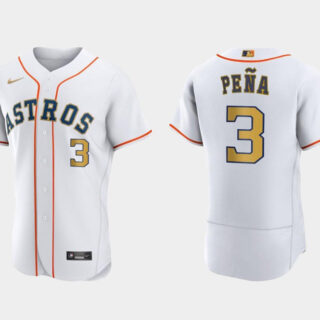 Men's Houston Astros #3 Jeremy Pena White 2023 Gold Collection With World Serise Champions Patch Stitched Baseball Jersey
