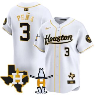 Men's Houston Astros #3 Jeremy Pena White Gold Houston Rodeo Patch Vapor Premier Limited Stitched Baseball Jersey