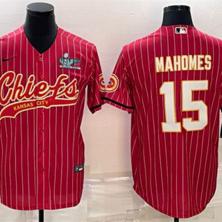 Men's Kansas City Chiefs #15 Patrick Mahomes Red With Super Bowl LVII Patch Cool Base Stitched Baseball Jersey