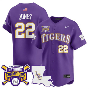 Men's LSU Tigers #22 Jared Jones 2025 World Series Champions Limited Jersey All Stitched