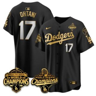 Men's Los Angeles Dodgers #17 Shohei Ohtani Black Gold 2025 World Series Champions Back to Back With No.34 Patch Limited Stitched Baseball Jersey