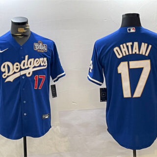 Men's Los Angeles Dodgers #17 Shohei Ohtani Blue 2024 World Series Vin Patch Cool Base Stitched Baseball Jersey