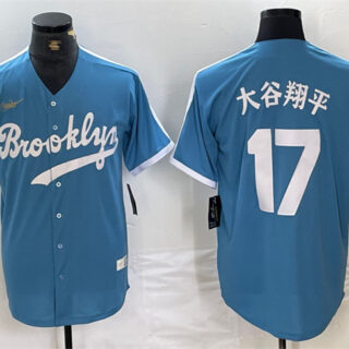 Men's Los Angeles Dodgers #17 Shohei Ohtani Light Blue Throwback Cool Base Stitched Baseball Jersey