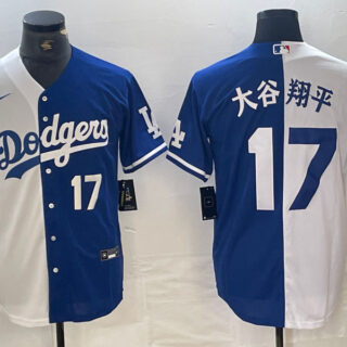 Men's Los Angeles Dodgers #17 Shohei Ohtani White Blue Split Cool Base Stitched Baseball Jersey