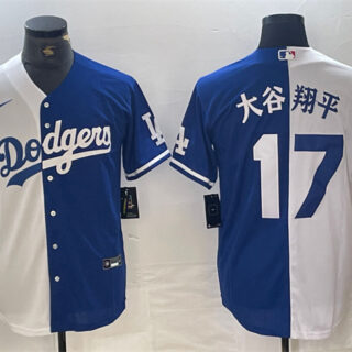 Men's Los Angeles Dodgers #17 Shohei Ohtani White Blue Split Cool Base Stitched Baseball Jersey