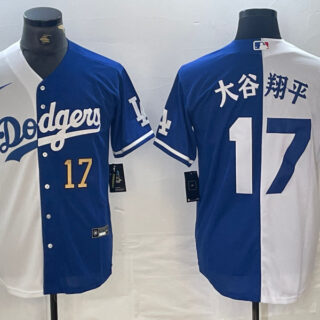 Men's Los Angeles Dodgers #17 Shohei Ohtani White Blue Split Cool Base Stitched Baseball Jersey