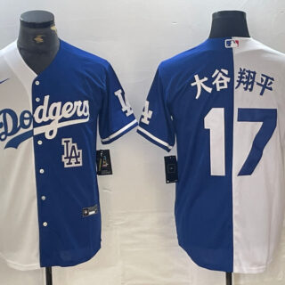 Men's Los Angeles Dodgers #17 Shohei Ohtani White Blue Split Cool Base Stitched Baseball Jersey