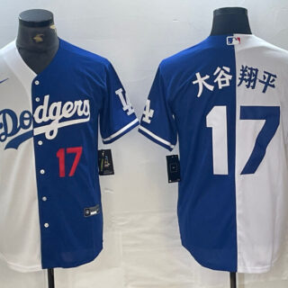 Men's Los Angeles Dodgers #17 Shohei Ohtani White Blue Split Cool Base Stitched Baseball Jersey