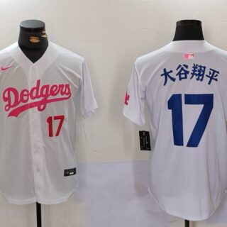 Men's Los Angeles Dodgers #17 Shohei Ohtani White Pink Vin & Kobe Patch Stitched Baseball Jerseys