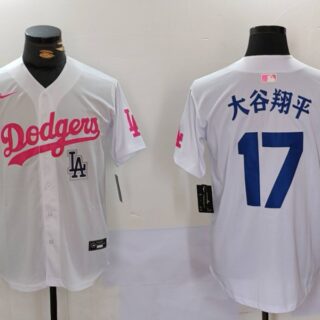Men's Los Angeles Dodgers #17 Shohei Ohtani White Pink Vin & Kobe Patch Stitched Baseball Jerseys