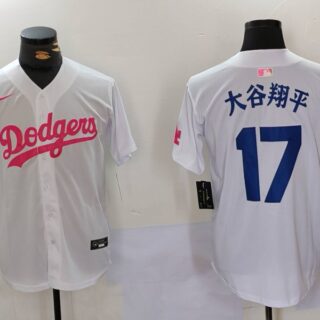 Men's Los Angeles Dodgers #17 Shohei Ohtani White Pink Vin & Kobe Patch Stitched Baseball Jerseys