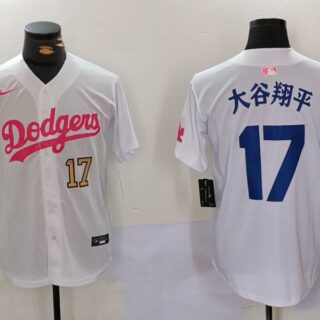 Men's Los Angeles Dodgers #17 Shohei Ohtani White Pink Vin & Kobe Patch Stitched Baseball Jerseys