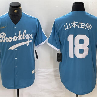 Men's Los Angeles Dodgers #18 Yoshinobu Yamamoto Light Blue Throwback Cool Base Stitched Baseball Jersey