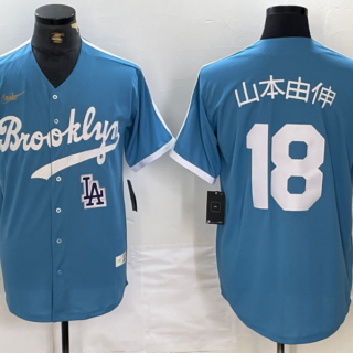 Men's Los Angeles Dodgers #18 Yoshinobu Yamamoto Light Blue Throwback Cool Base Stitched Baseball Jerseys